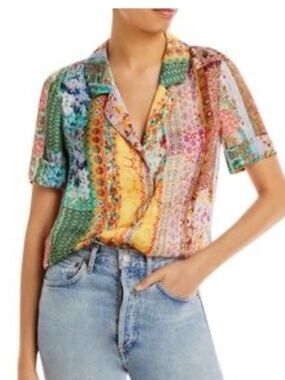 Alice + Olivia Karloff Printed Satin Short Sleeve Boho Shirt Size Medium
